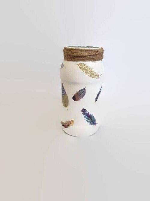 Feathers Decoupage Jar, Glass Upcycled Vase,