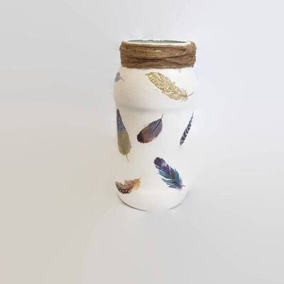Feathers Decoupage Jar, Glass Upcycled Vase,