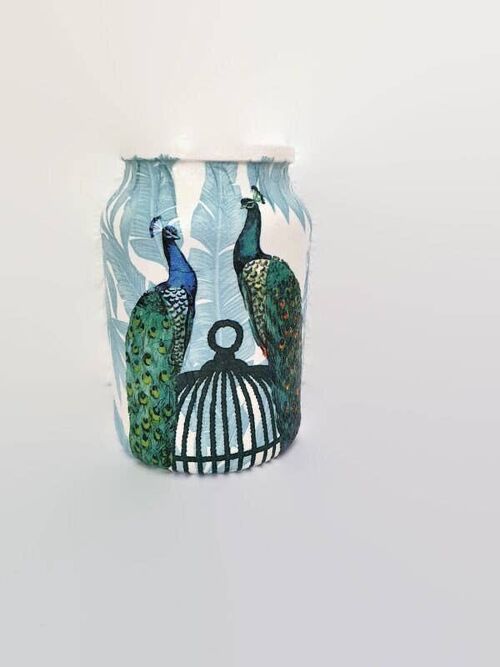 Peacocks Decoupage Utensil Jar, Small Glass Vases,