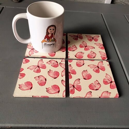 Pink Butterfly Decoupage Coasters, Wooden Coaster, Butt-231