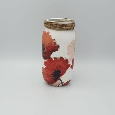 Bottiglia per decoupage con papavero rosso, vasetti di vetro riciclati,