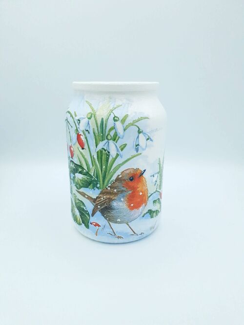 Robin Decoupage Jar, Large Upcycled Glass Vase