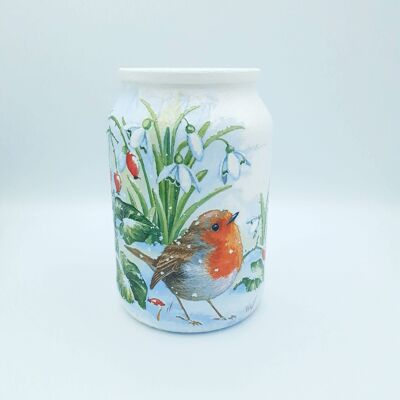 Robin Decoupage Jar, große Upcycled Glasvase