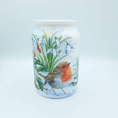 Vaso Robin Decoupage, grande vaso in vetro riciclato