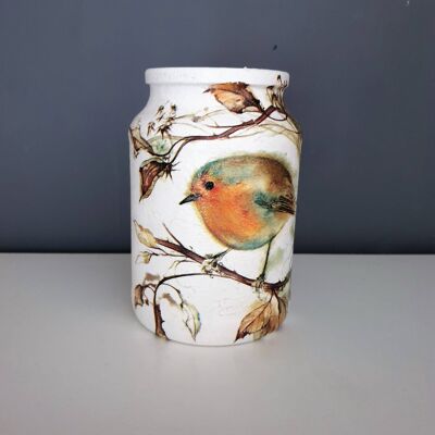 Tarro de decoupage Robin, jarrón de vidrio reciclado