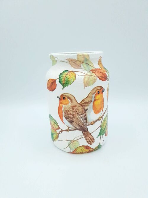 Robin Decoupage Jar, Upcycled Glass Vase,