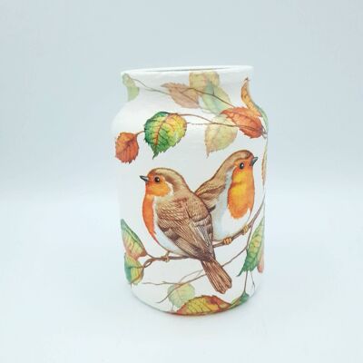 Robin Decoupage Jar, Upcycled Glass Vase,