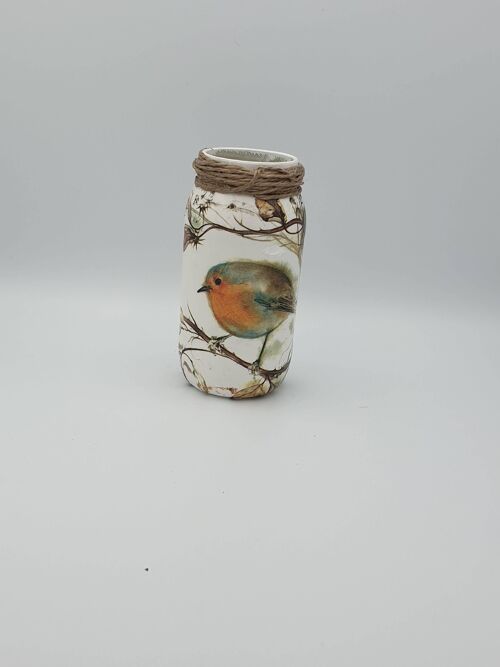 Robin Decoupage Jar, Upcycled Small Glass Vase
