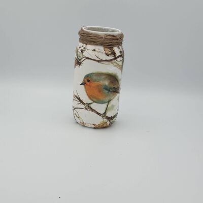 Robin Decoupage Jar, Upcycled Small Glass Vase