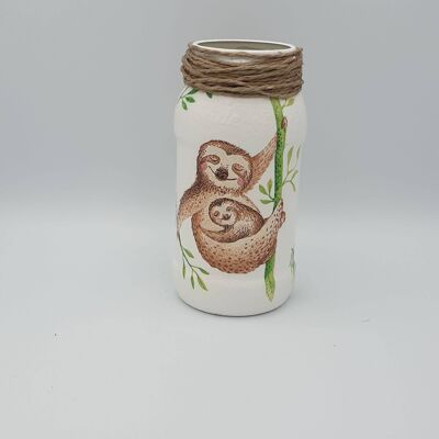 Frasco de decoupage con perezoso, Frascos de vidrio reciclado, Vidrio pequeño