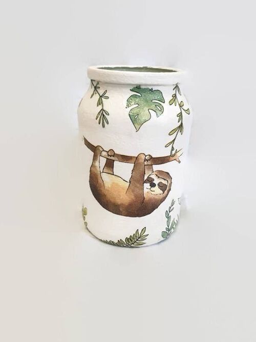 Sloth Decoupage Jar, Upcycled Glass Vase,