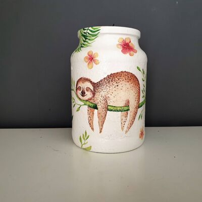 Barattolo per decoupage bradipo, vaso grande in vetro riciclato, bradipo