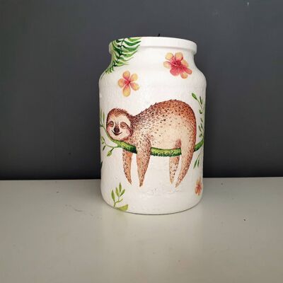 Sloth Decoupage Jar, Upcycled Large Glass Vase, Sloth