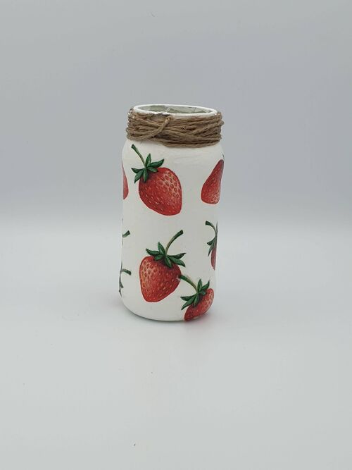 Strawberry Decoupage Jar, Upcycled Small Glass Vase
