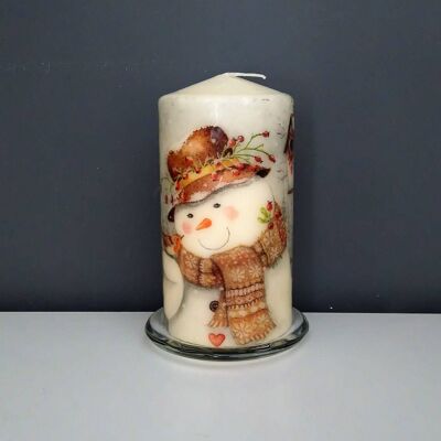 snowman decoupage candle