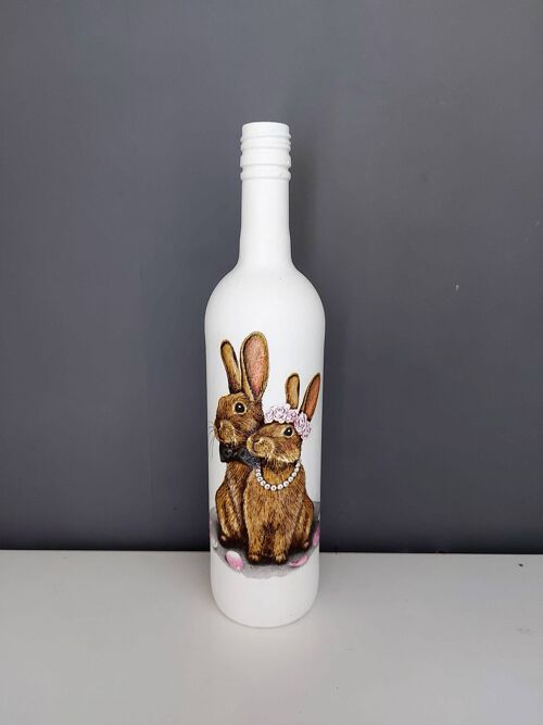 Wedding Rabbit Decoupage Bottle, Upcycled Glass Wine Bo-411