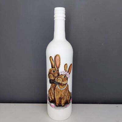 Wedding Rabbit Decoupage Bottle, Upcycled Glass Wine Bo-411
