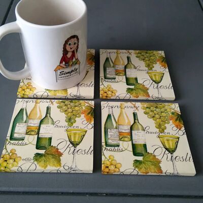 White Wine Coasters, Wine Lover Gift, Wooden Decoupage -415