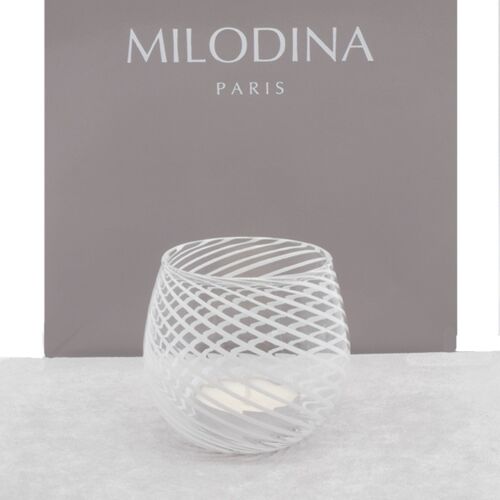 Photophore - Verre - Bougeoir en verre de Murano - Modele COCON faconné main en filigrane cristal et blanc