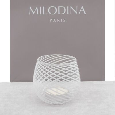 Photophore - Verre - Bougeoir en verre de Murano - Modele COCON faconné main en filigrane cristal et blanc