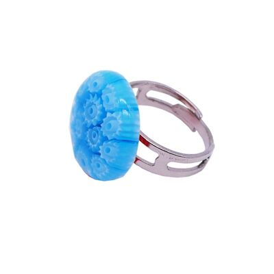 Authentic and handmade Murano glass ring Ring in round MURRINE or millefiori turquoise blue color