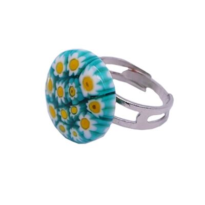 Authentic and handmade Murano glass ring Round MURRINE or millefiori ring green white yellow color