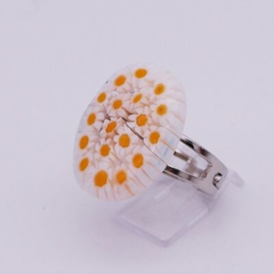 Authentic and handmade Murano glass ring Ring in oval MURRINE or millefiori white and yellow color