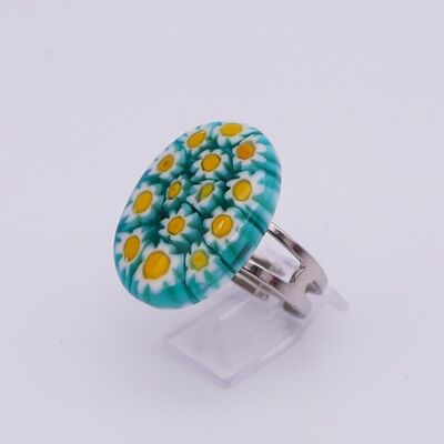 Bague en verre de Murano authentique et artisanal fait main Bague en MURRINE ou millefiori ovale couleur vert blanc jaune