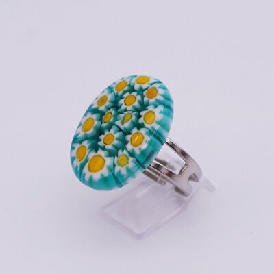 Authentic and handmade Murano glass ring Ring in oval MURRINE or millefiori green white yellow color