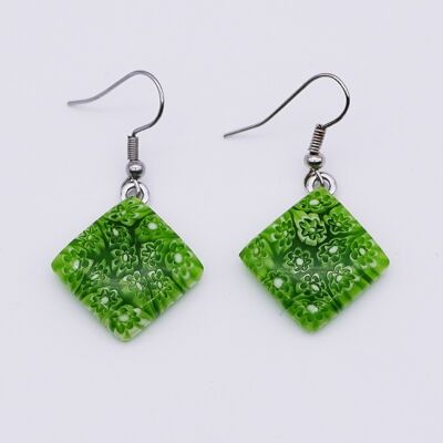 Pendientes de cristal de Murano auténticos y hechos a mano Pendientes cuadrados MURRINE o millefiori verde