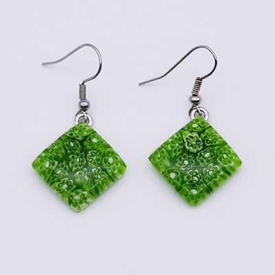 Boucles d'oreilles en verre de Murano authentique et artisanal fait main Boucles carré MURRINE ou millefiori vert