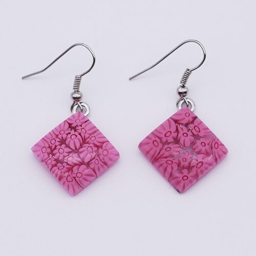 Boucles d'oreilles en verre de Murano authentique et artisanal fait main Boucles carré MURRINE ou millefiori rose