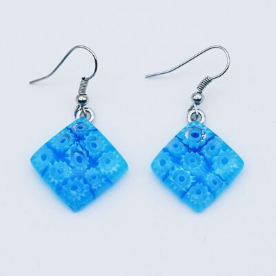 Boucles d'oreilles en verre de Murano authentique et artisanal fait main Boucles carré MURRINE ou millefiori bleu turquoise