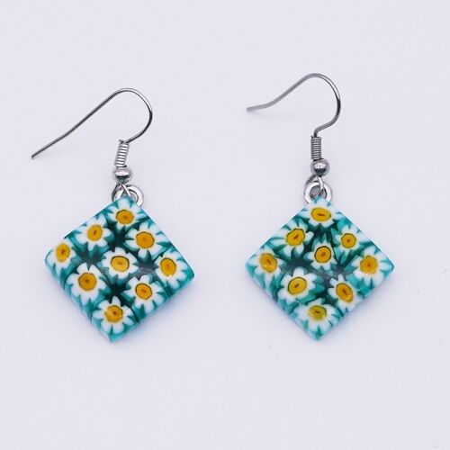 Boucles d'oreilles en verre de Murano authentique et artisanal fait main Boucles carré MURRINE vert blanc jaune