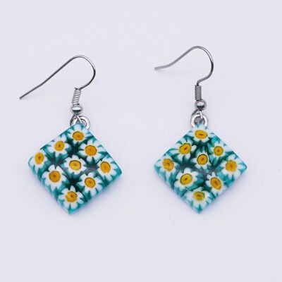 Murano glass earrings authentic and handmade MURRINE square earrings green white yellow