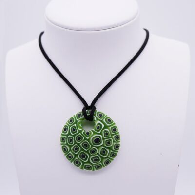Murano glass necklace - round curved matte green black and white MURRINE pendant