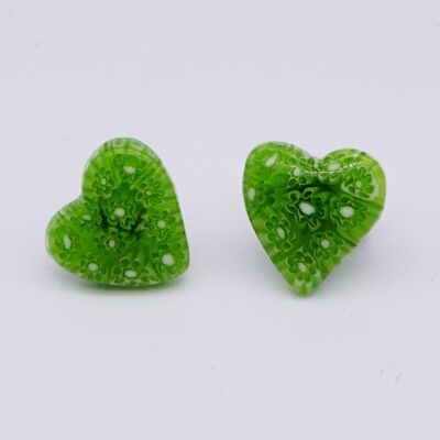Boucles d'oreilles COEUR en verre de Murano authentiques et artisanales - Puces en MURRINE vert