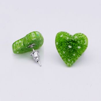 Boucles d'oreilles COEUR en verre de Murano authentiques et artisanales - Puces en MURRINE vert 3