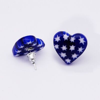 Authentic Murano glass earrings - HEART-shaped chips in navy blue MURRINE and white star
