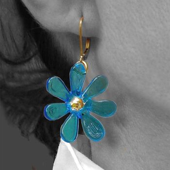 Boucles d'oreilles fleur en verre de Murano -  Modele PRIMAVERA bleu turquoise 2