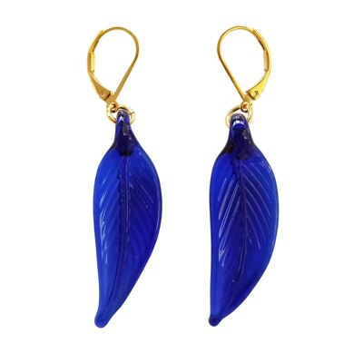 Designer earrings in certified Murano glass Navy blue SALVIA feather or leaf earrings