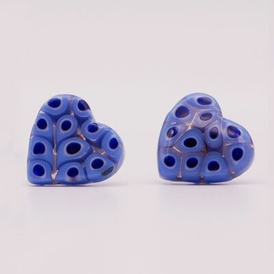 Boucles d'oreilles COEUR en verre de Murano authentiques fait main - Puces en MURRINE divers bleus