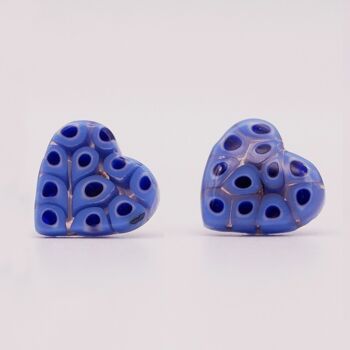 Boucles d'oreilles COEUR en verre de Murano authentiques fait main - Puces en MURRINE divers bleus 1