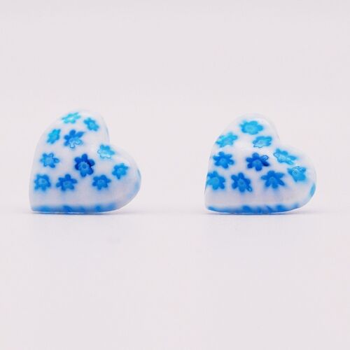 Boucles d'oreilles COEUR en verre de Murano authentiques - Puces en MURRINE bleu et blanc