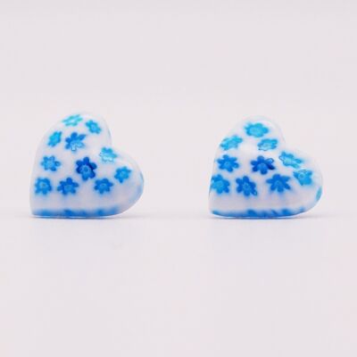 Orecchini CUORE in autentico vetro di Murano - Chips di MURRINE blu e bianche