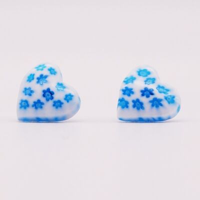Authentic Murano glass HEART earrings - Blue and white MURRINE chips