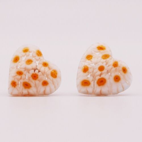 Boucles d'oreilles COEUR en verre de Murano authentiques - Puces en MURRINE blanc et jaune