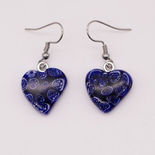 Boucles d'oreilles COEUR en verre de Murano authentique et artisanal fait main Boucles en MURRINE ou millefiori bleu nuit