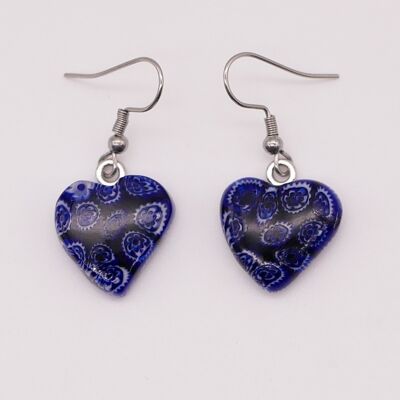 Boucles d'oreilles COEUR en verre de Murano authentique et artisanal fait main Boucles en MURRINE ou millefiori bleu nuit