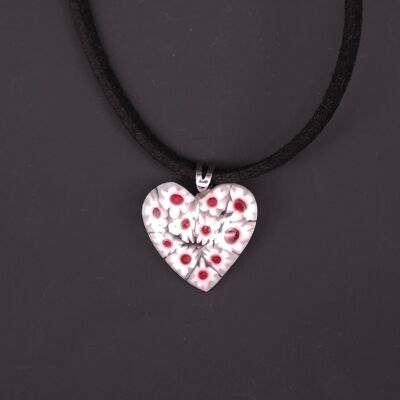 Murrine HEART Necklace - Authentic Handmade Murano Glass - Red and White Glass Color